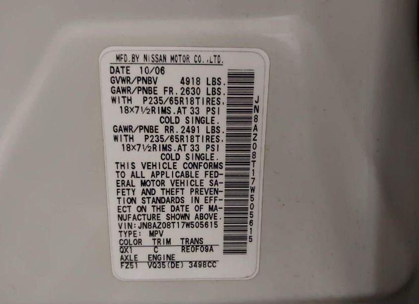 Photo 8 of 2007 Nissan Murano SL (VIN JN8AZ08T17W505615)