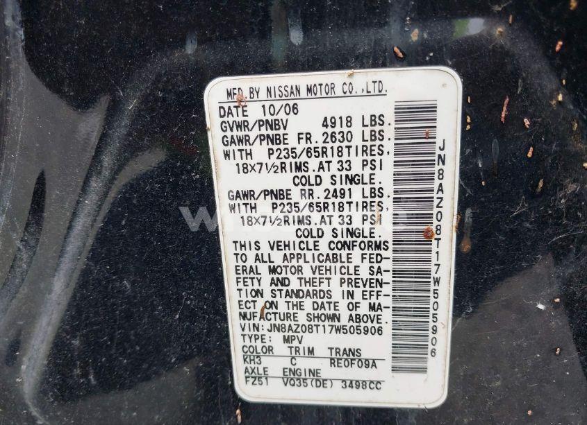 Photo 9 of 2007 Nissan Murano SL (VIN JN8AZ08T17W505906)