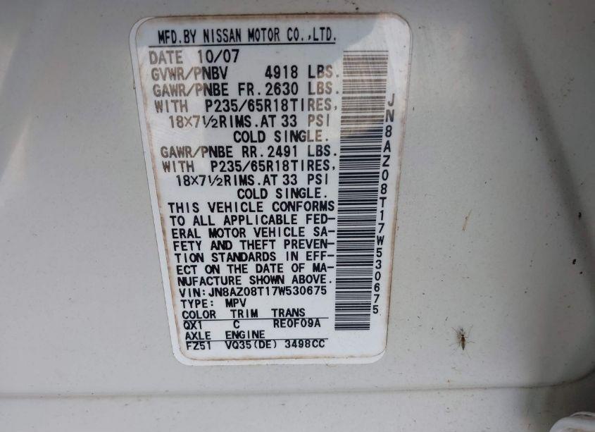 Photo 8 of 2007 Nissan Murano SL (VIN JN8AZ08T17W530675)