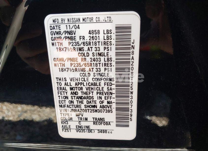 Photo 9 of 2005 Nissan Murano SL (VIN JN8AZ08T25W307395)