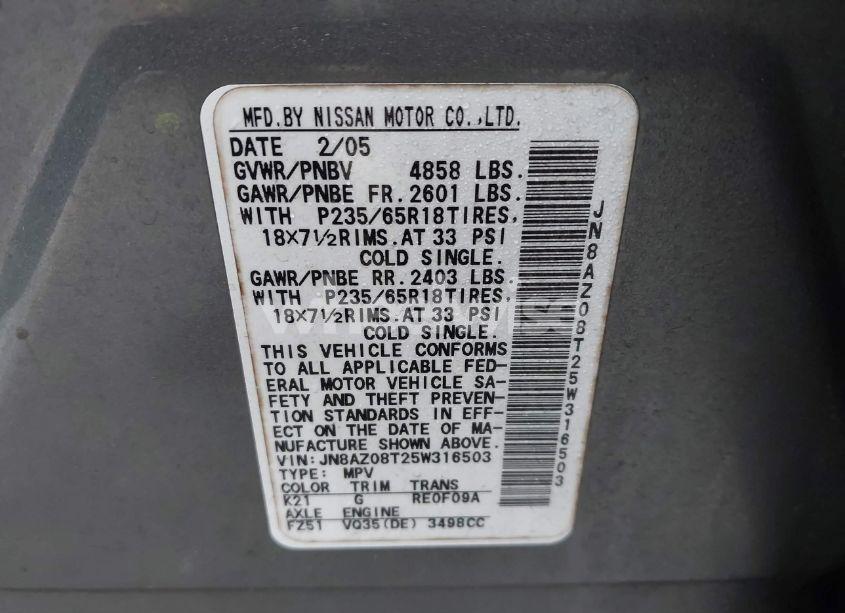 Photo 6 of 2005 Nissan Murano SL (VIN JN8AZ08T25W316503)