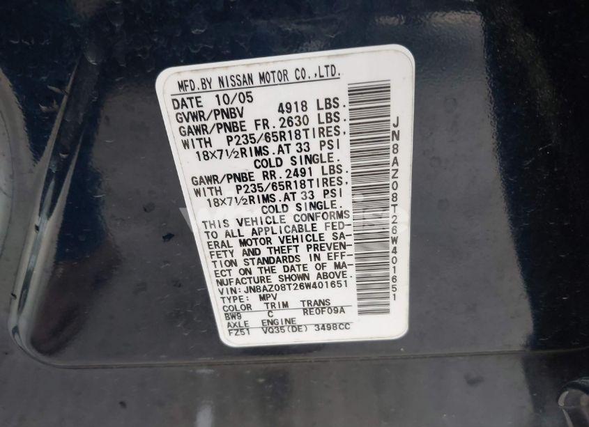 Photo 8 of 2006 Nissan Murano SL (VIN JN8AZ08T26W401651)