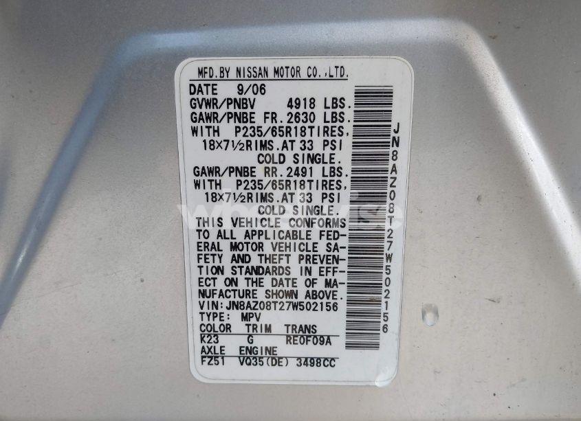 Photo 9 of 2007 Nissan Murano S (VIN JN8AZ08T27W502156)