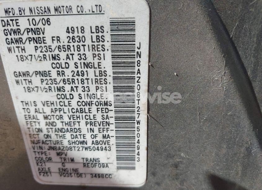 Photo 7 of 2007 Nissan Murano SL (VIN JN8AZ08T27W504943)