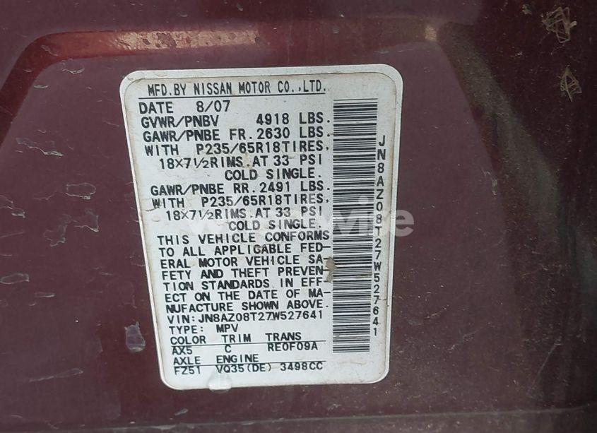 Photo 7 of 2007 Nissan Murano SL (VIN JN8AZ08T27W527641)