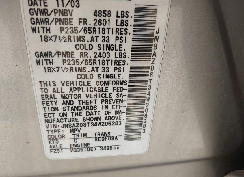 Photo 8 of 2004 Nissan Murano SL (VIN JN8AZ08T34W206283)