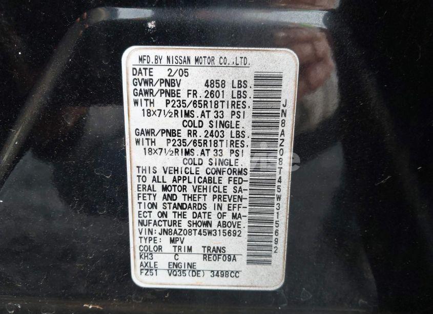 Photo 8 of 2005 Nissan Murano SL (VIN JN8AZ08T45W315692)