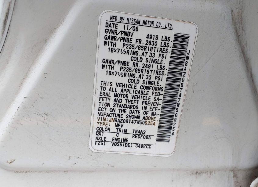 Photo 7 of 2007 Nissan Murano SL (VIN JN8AZ08T47W509254)