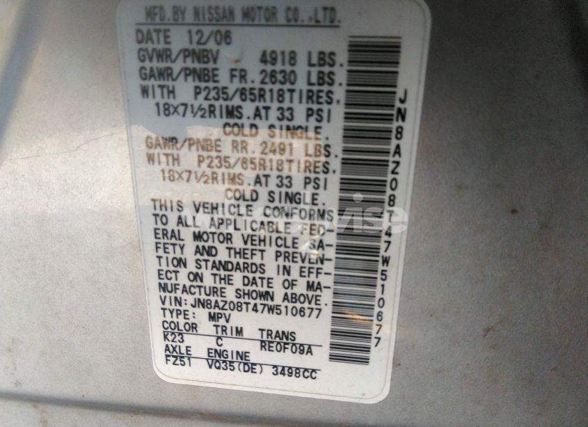 Photo 5 of 2007 Nissan Murano SL (VIN JN8AZ08T47W510677)