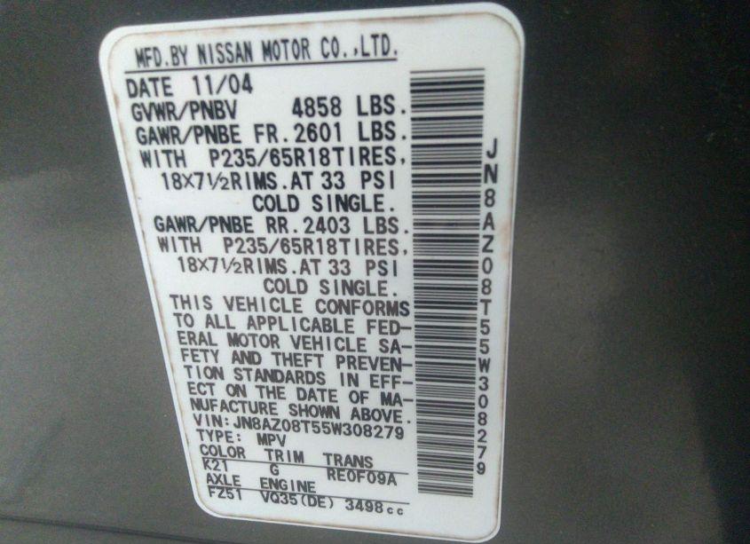 Photo 6 of 2005 Nissan Murano SL (VIN JN8AZ08T55W308279)