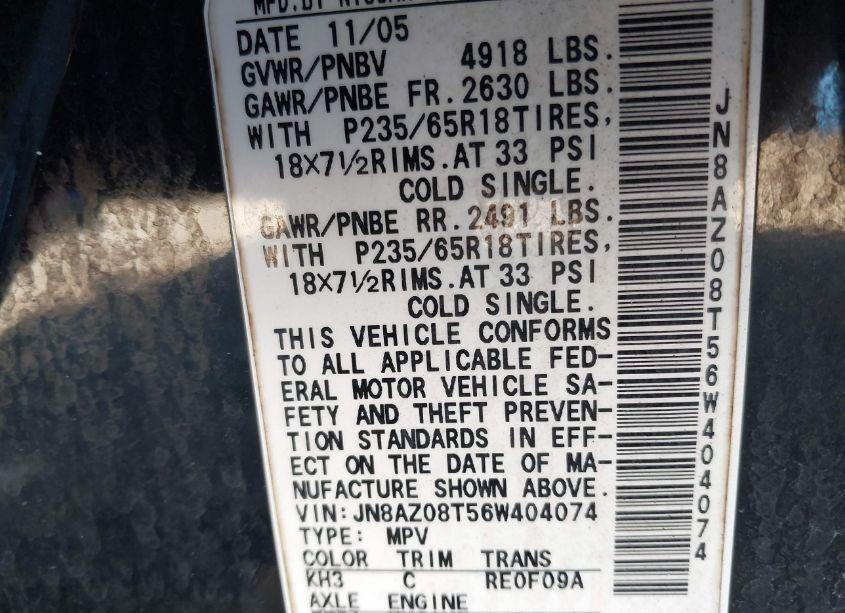 Photo 9 of 2006 Nissan Murano SL (VIN JN8AZ08T56W404074)