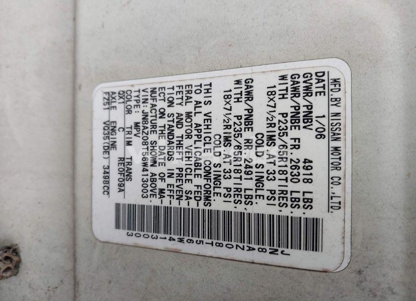 Photo 7 of 2006 Nissan Murano SL (VIN JN8AZ08T56W413003)