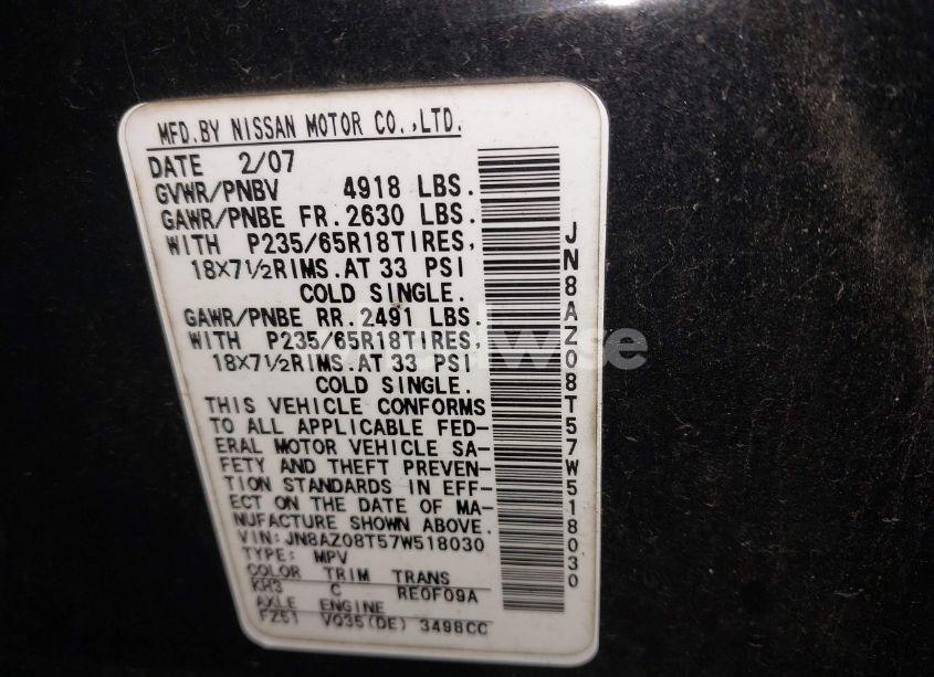 Photo 9 of 2007 Nissan Murano SL (VIN JN8AZ08T57W518030)