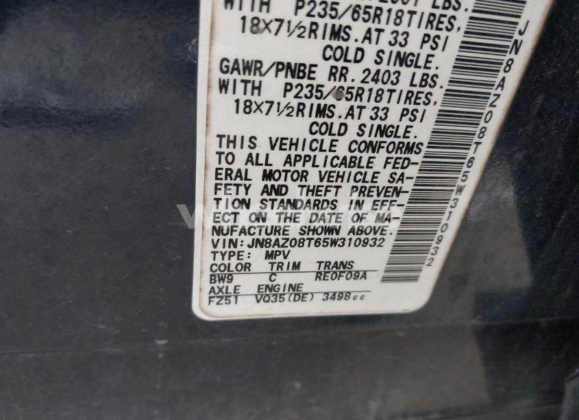 Photo 8 of 2005 Nissan Murano SL (VIN JN8AZ08T65W310932)