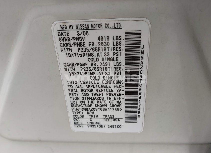 Photo 9 of 2006 Nissan Murano SL (VIN JN8AZ08T66W417450)