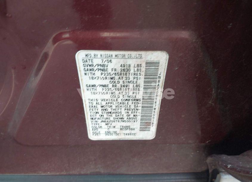 Photo 9 of 2007 Nissan Murano S (VIN JN8AZ08T67W500197)