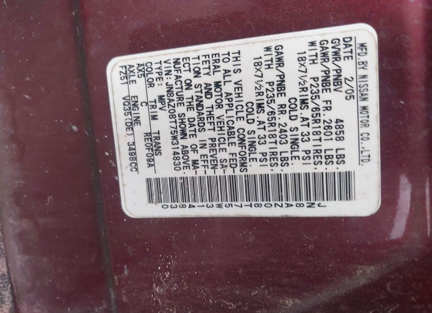 Photo 8 of 2005 Nissan Murano S (VIN JN8AZ08T75W314830)