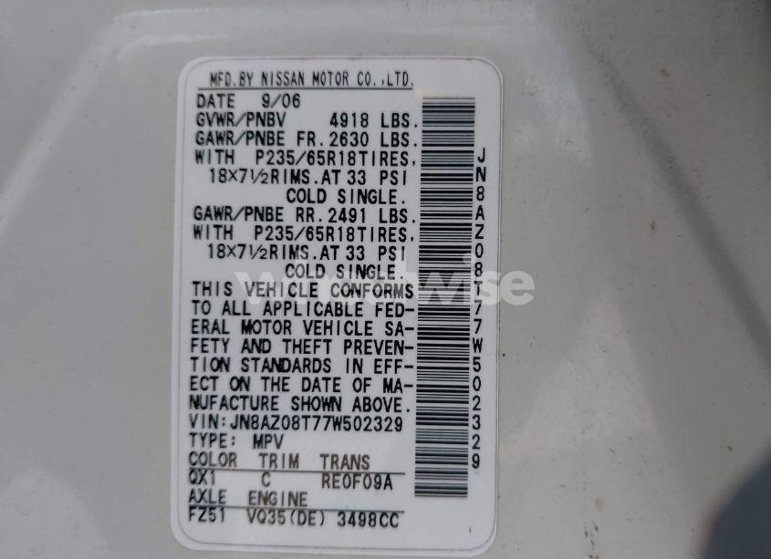 Photo 9 of 2007 Nissan Murano SL (VIN JN8AZ08T77W502329)