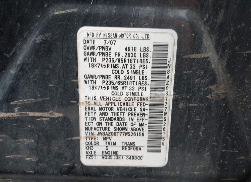 Photo 7 of 2007 Nissan Murano SL (VIN JN8AZ08T77W526159)