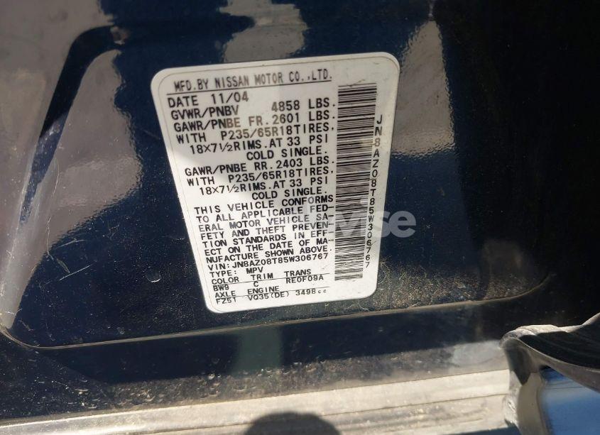 Photo 9 of 2005 Nissan Murano SL (VIN JN8AZ08T85W306767)