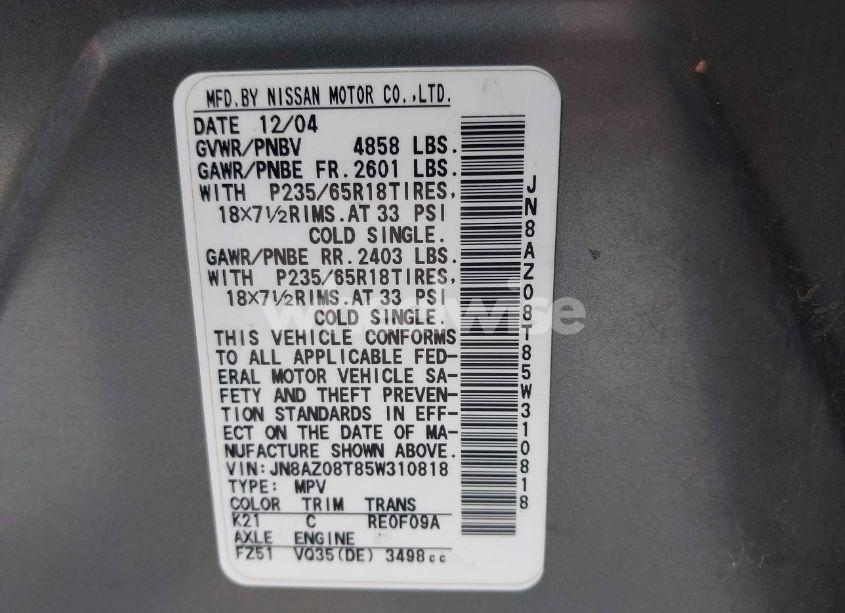 Photo 9 of 2005 Nissan Murano SL (VIN JN8AZ08T85W310818)