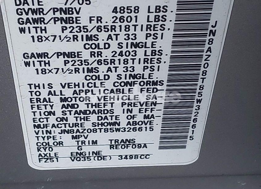 Photo 7 of 2005 Nissan Murano SE (VIN JN8AZ08T85W326615)