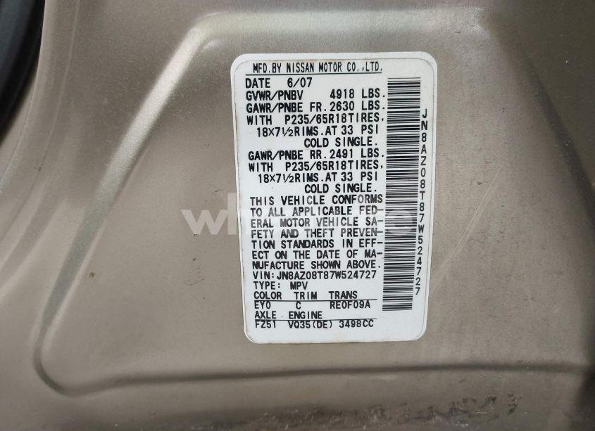 Photo 9 of 2007 Nissan Murano S (VIN JN8AZ08T87W524727)