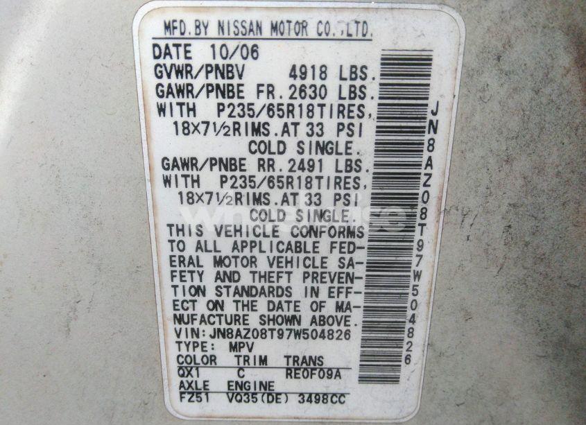 Photo 6 of 2007 Nissan Murano S (VIN JN8AZ08T97W504826)