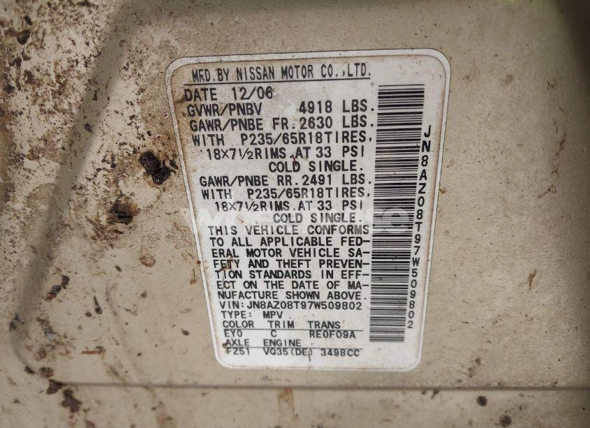 Photo 3 of 2007 Nissan Murano SL (VIN JN8AZ08T97W509802)