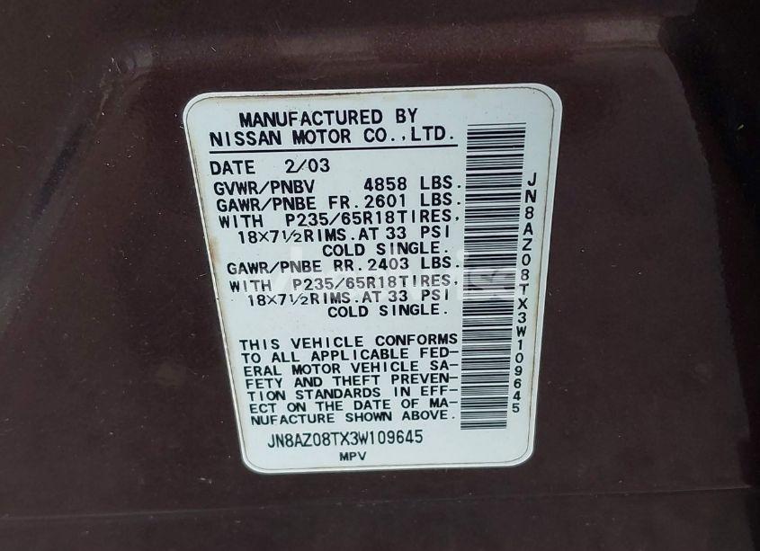 Photo 9 of 2003 Nissan Murano SL (VIN JN8AZ08TX3W109645)