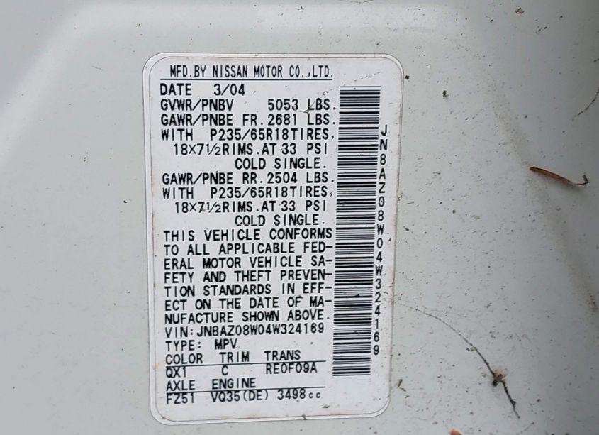 Photo 7 of 2004 Nissan Murano SE (VIN JN8AZ08W04W324169)