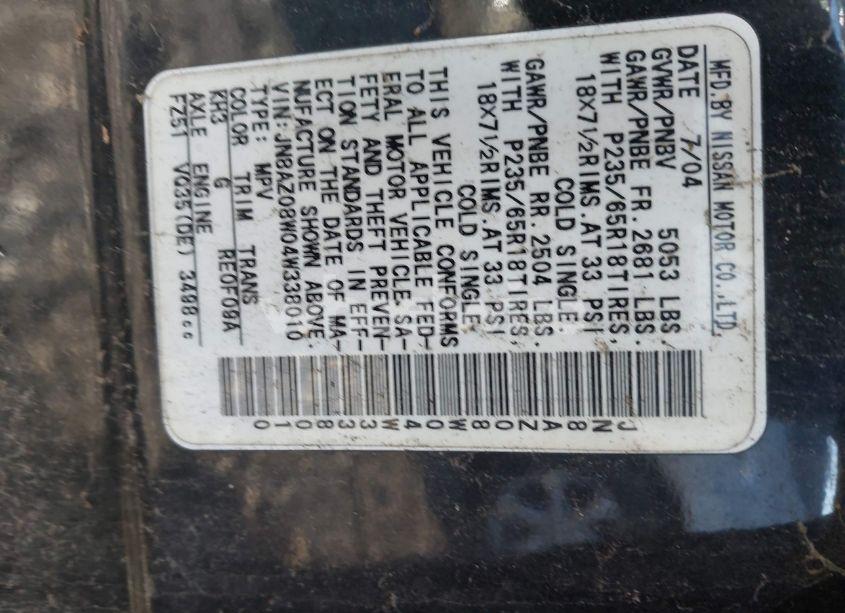 Photo 7 of 2004 Nissan Murano SL (VIN JN8AZ08W04W338010)