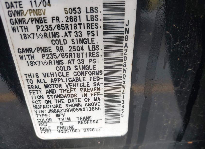 Photo 7 of 2005 Nissan Murano SE (VIN JN8AZ08W05W413855)