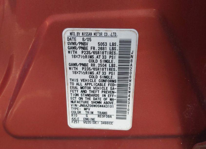 Photo 5 of 2005 Nissan Murano SL (VIN JN8AZ08W05W443101)