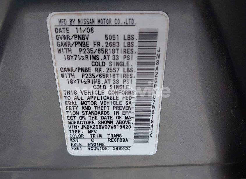 Photo 9 of 2007 Nissan Murano SL (VIN JN8AZ08W07W618420)