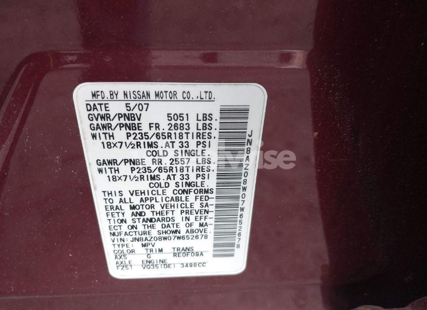 Photo 9 of 2007 Nissan Murano SL (VIN JN8AZ08W07W652678)