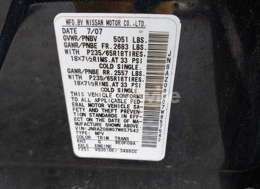 Photo 9 of 2007 Nissan Murano SL (VIN JN8AZ08W07W657542)