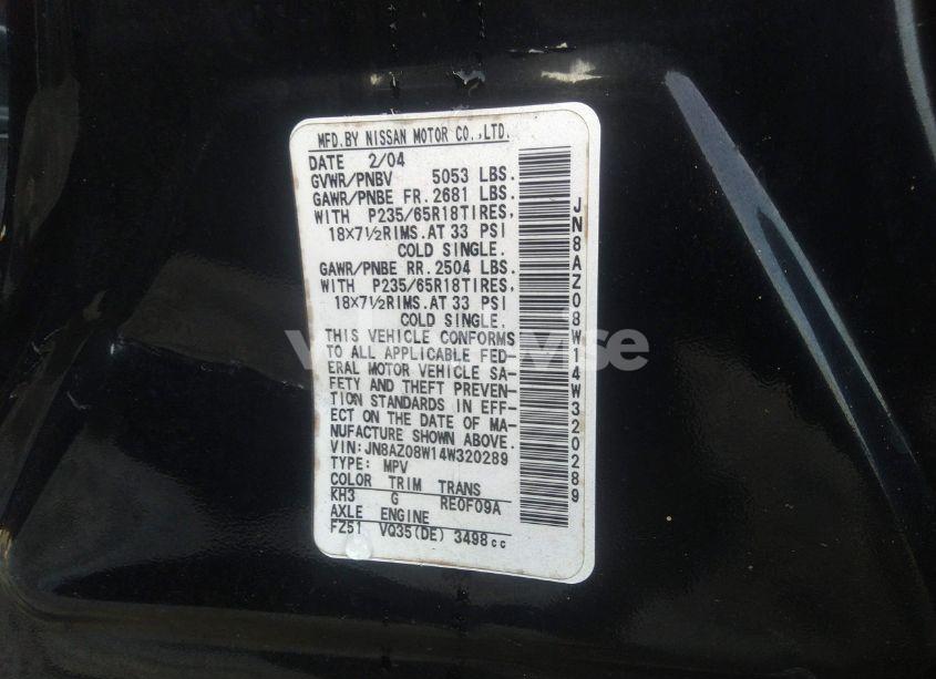 Photo 7 of 2004 Nissan Murano SL (VIN JN8AZ08W14W320289)