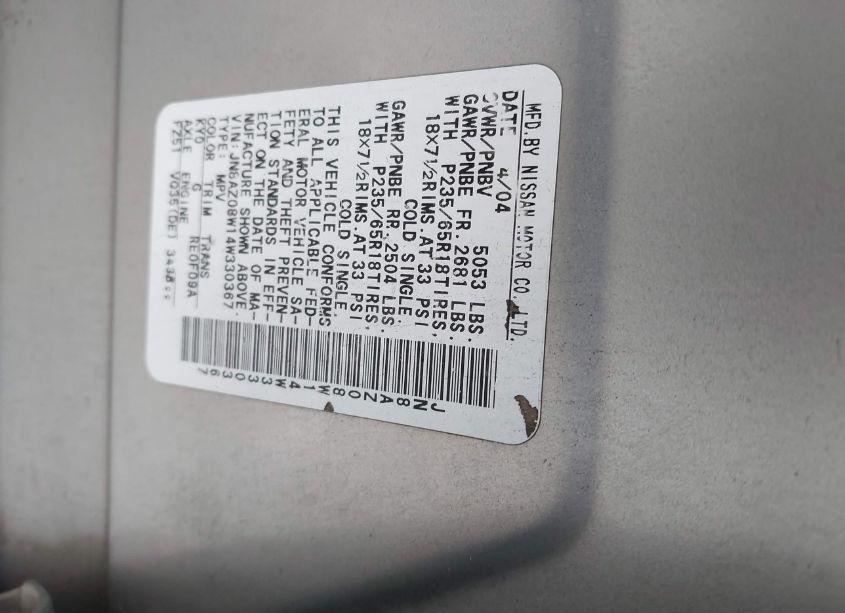 Photo 9 of 2004 Nissan Murano SL (VIN JN8AZ08W14W330367)