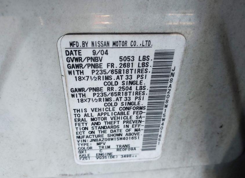 Photo 6 of 2005 Nissan Murano SL (VIN JN8AZ08W15W401651)