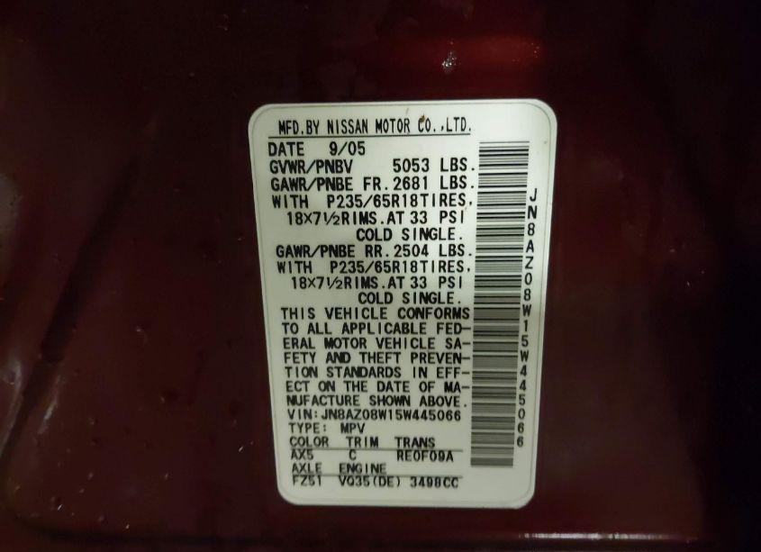 Photo 5 of 2005 Nissan Murano SL (VIN JN8AZ08W15W445066)