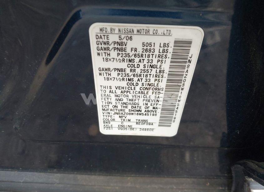 Photo 9 of 2006 Nissan Murano SL (VIN JN8AZ08W16W545198)