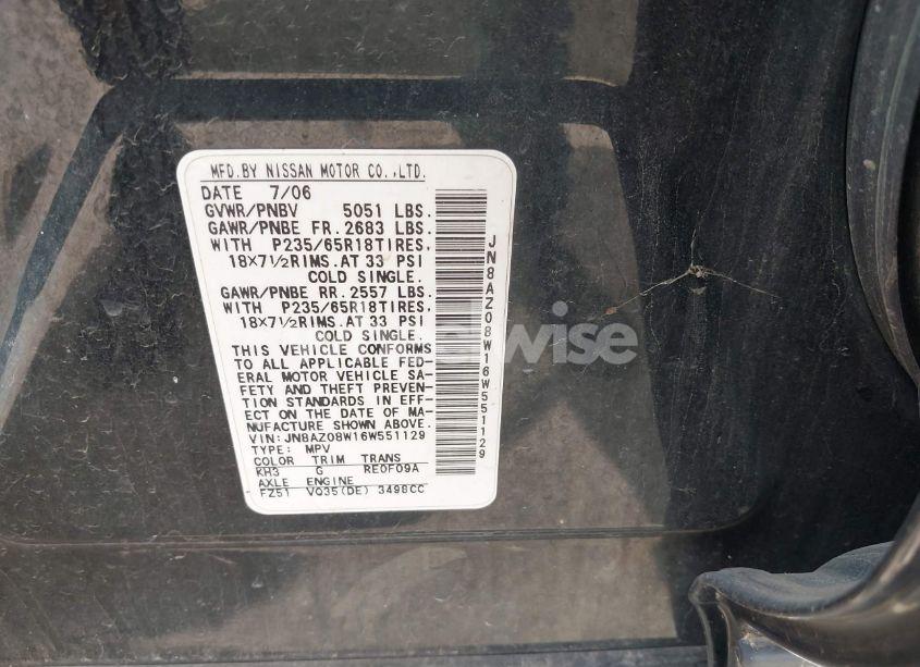 Photo 9 of 2006 Nissan Murano SL (VIN JN8AZ08W16W551129)