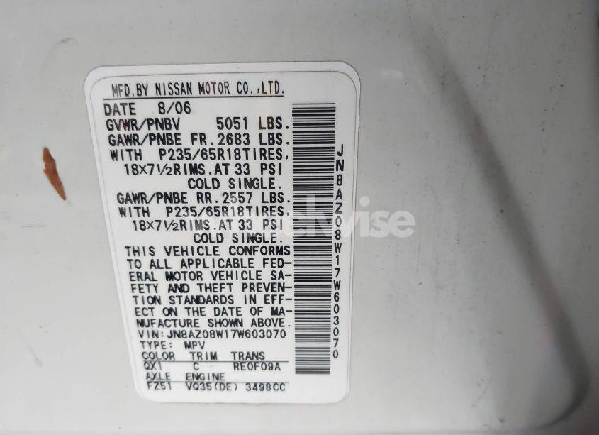 Photo 9 of 2007 Nissan Murano S (VIN JN8AZ08W17W603070)