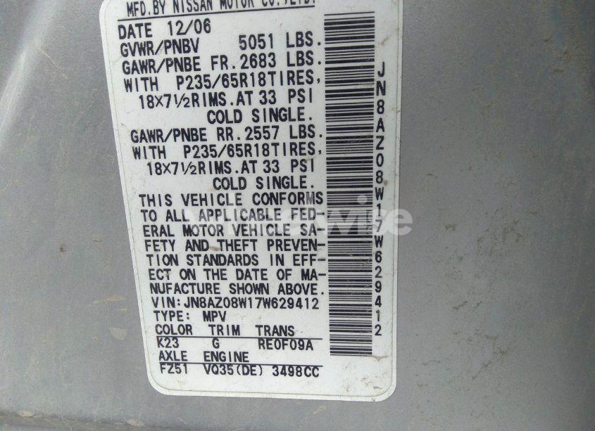 Photo 5 of 2007 Nissan Murano SL (VIN JN8AZ08W17W629412)