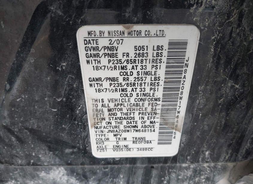 Photo 8 of 2007 Nissan Murano SL (VIN JN8AZ08W17W648154)