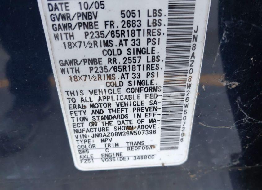 Photo 9 of 2006 Nissan Murano SL (VIN JN8AZ08W26W507396)