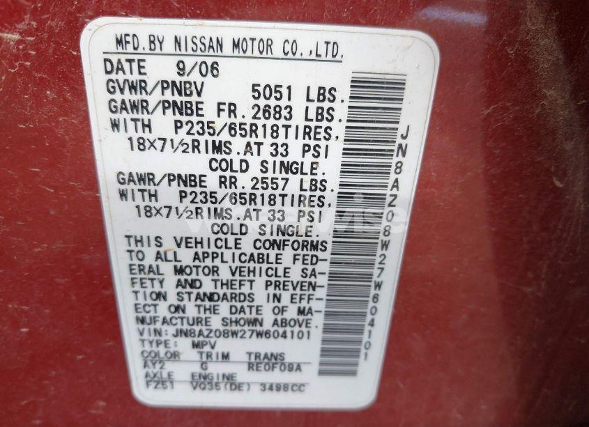 Photo 9 of 2007 Nissan Murano SL (VIN JN8AZ08W27W604101)