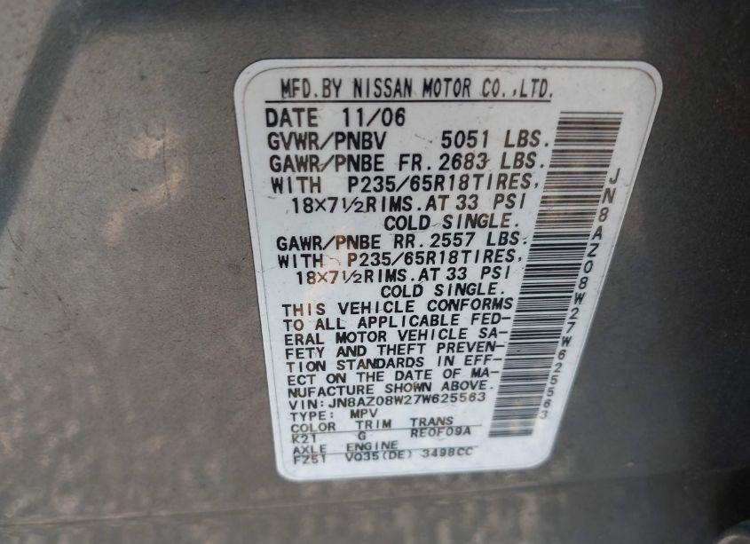 Photo 7 of 2007 Nissan Murano SL (VIN JN8AZ08W27W625563)