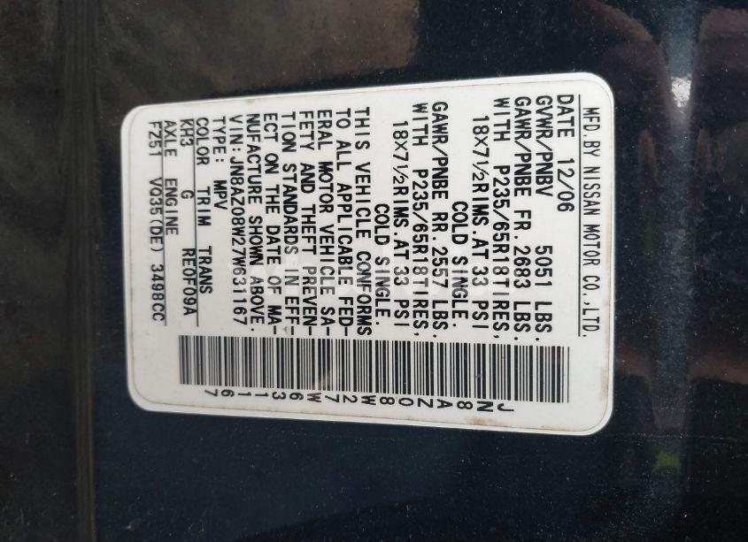 Photo 5 of 2007 Nissan Murano S (VIN JN8AZ08W27W631167)